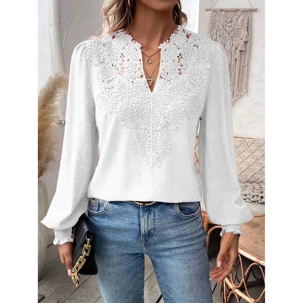 Lace Hollowed V-Neck Shirt Women Solid Color Long Sleeve Top Office Lady Elegant Daily Blouse
