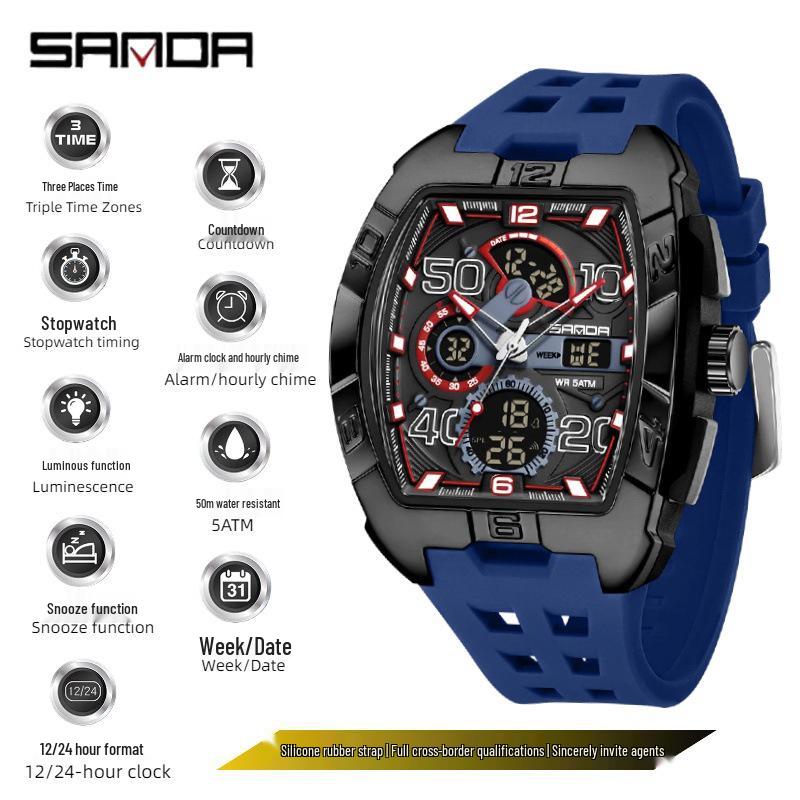SANDA Barrel-Shaped Men's Watch: Dual Display, 50M Waterproof, Luminous, World Time, Stylish & Versatile