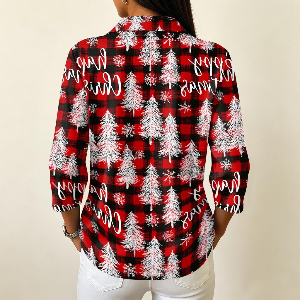 Women's Casual Christmas Print Button Front 3/4 Sleeve Collar Top
