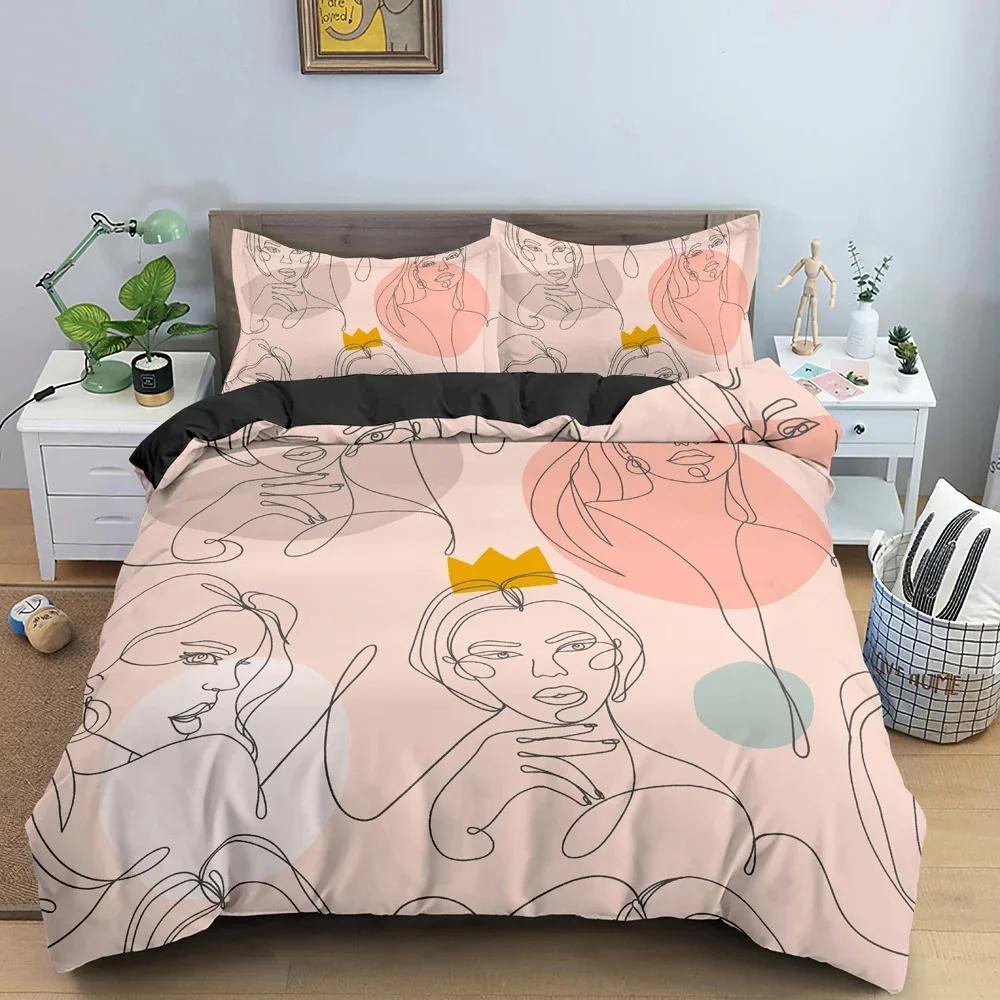 Abstraktes Gesicht King Queen Bettbezug Frau Portrait Bettwäsche Set Graffiti Bettbezug Fantasy Design Polyester Bettbezug