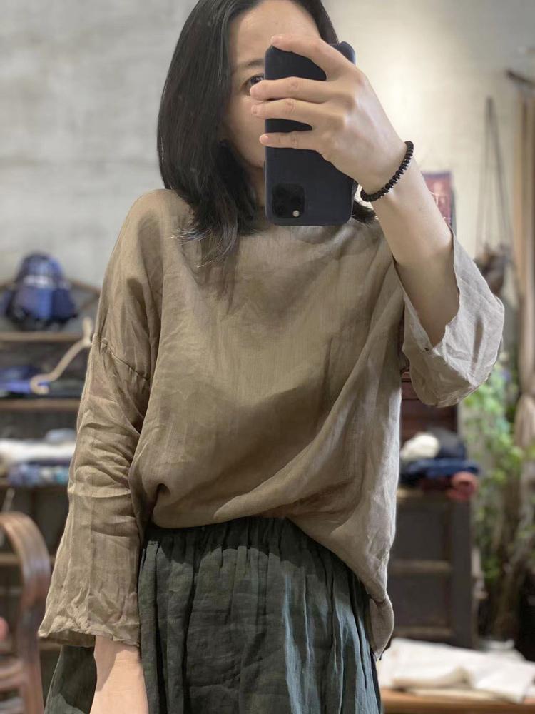 

Johnature женские винтажные льняные футболки с разрезом на шее летние свободные однотонные футболки с семью рукавами повседневные футболки One Size серый/хаки