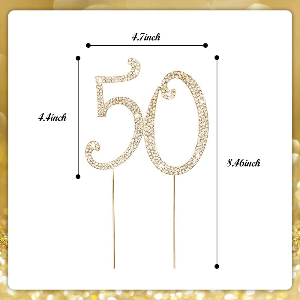 50th Rhinestones Cake Topper, Gold 50th Birthday Cake Decoration, Wedding Anniversary Party Decor Ideal Perfect Keepsake