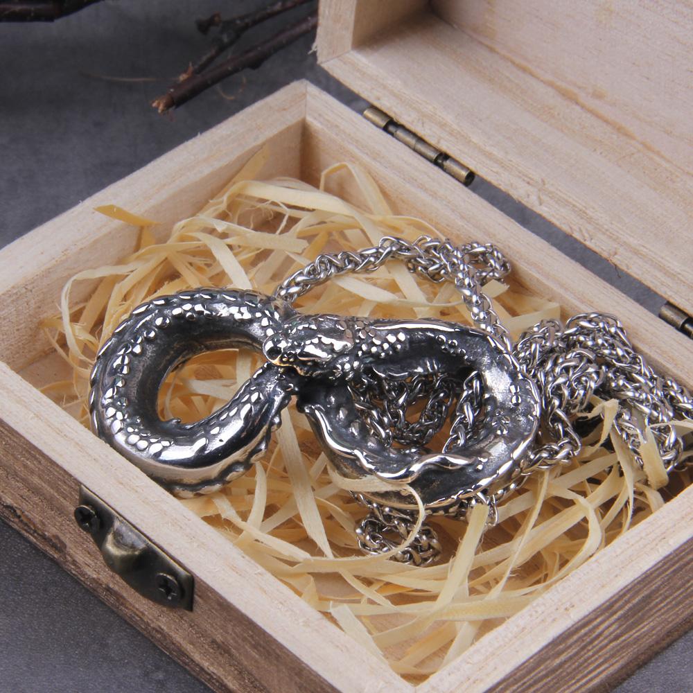 Never Fade Norse Ouroboros Dragon Snake Pendant Necklace with Wooden Gift Box