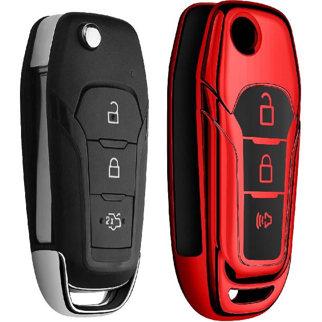 Sindeda Ford Key Fob Cover with Keychain, Soft Full Protection Key Shell, Compatible with Ford F150 F250 F350 F450 F550 Explorer Ranger Escape, Red