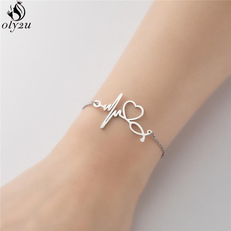 Stainless Steel Electrocardiogram Charm Bracelet for Women Hollow Love Heart Wristband Jewelry Doctor Nurse ECG Bracelets Gifts