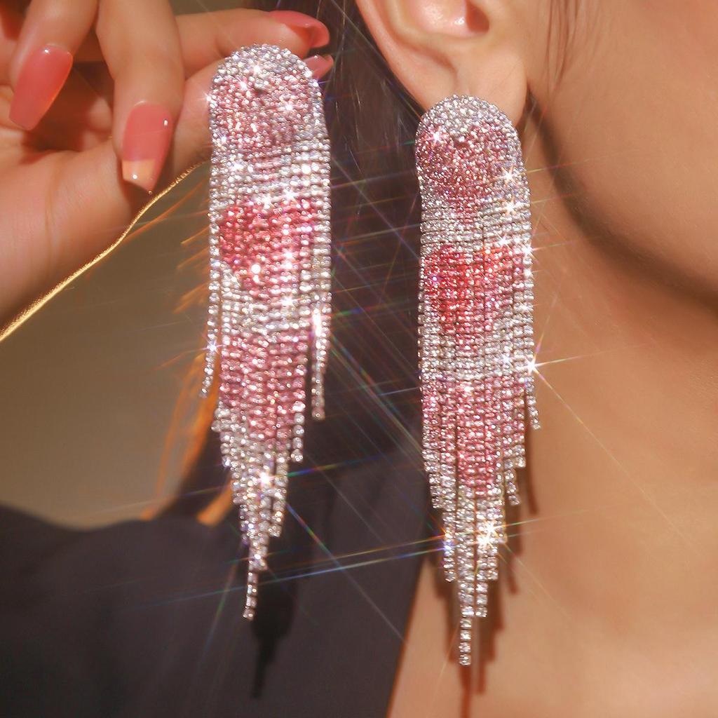 European & American Gradient Diamond Tassel Earrings for Women – High-End Design