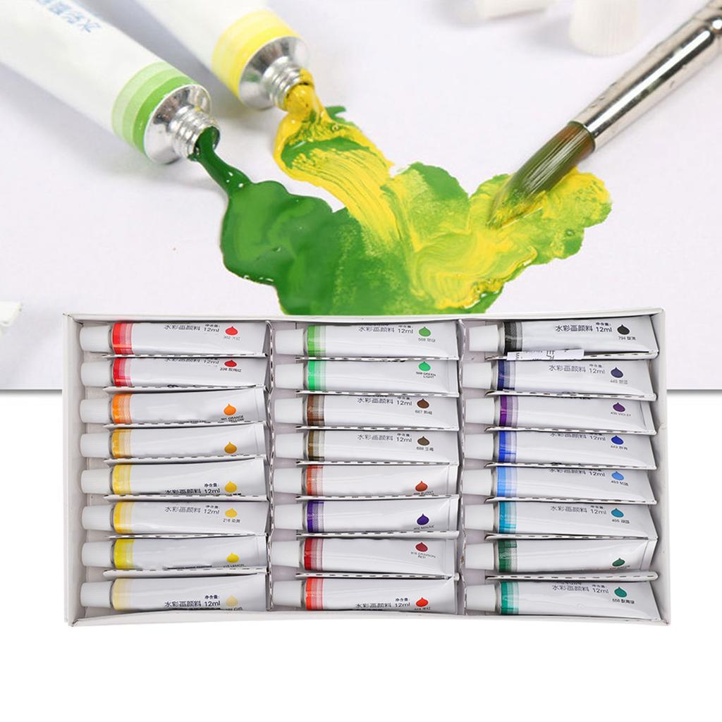 24Pcs Watercolor Paint Set 12ml Professional Aluminum Tube Paintbrush School Art Supplies