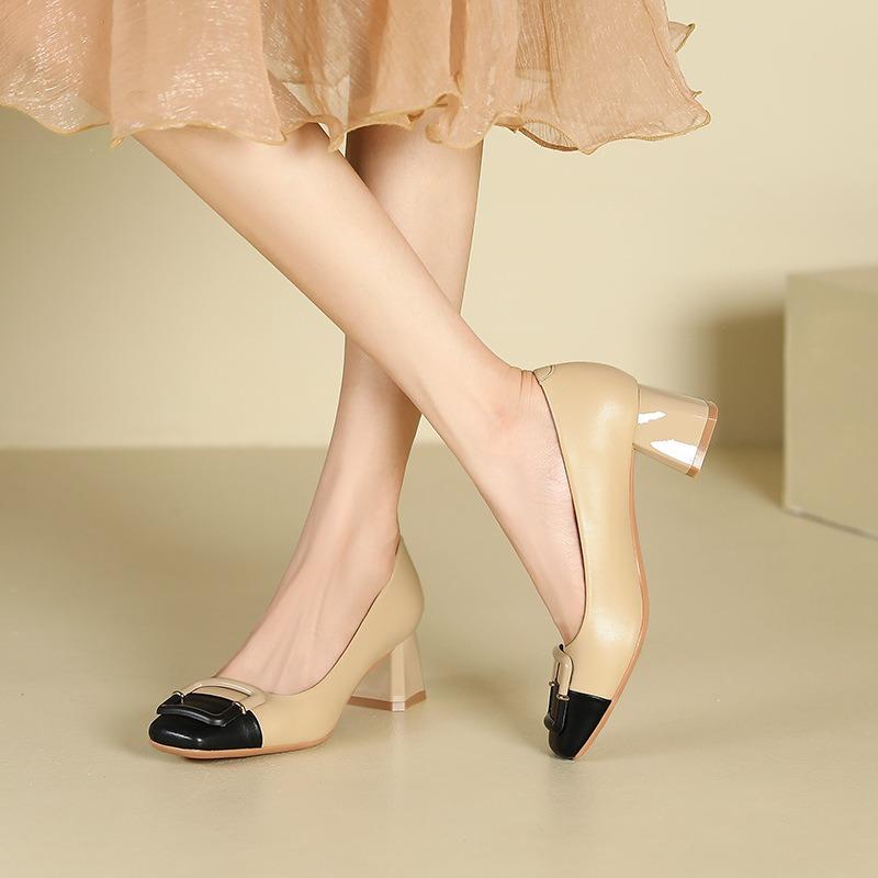 9-Color Matching Thick Heel Square Buckle Shoes Women's Light Mouth Middle Heel Square Head Single Shoes Women's Wedding Shoes Dress Bridesmaid Shoes