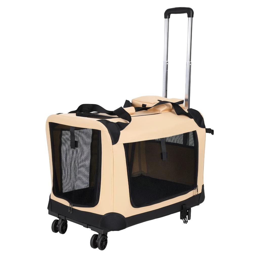 Rolling Pet Box with Telescopic Handle, Foldable Pet Travel Cart with Wheels, Breathable Mesh Dog and Cat Bag Trolley