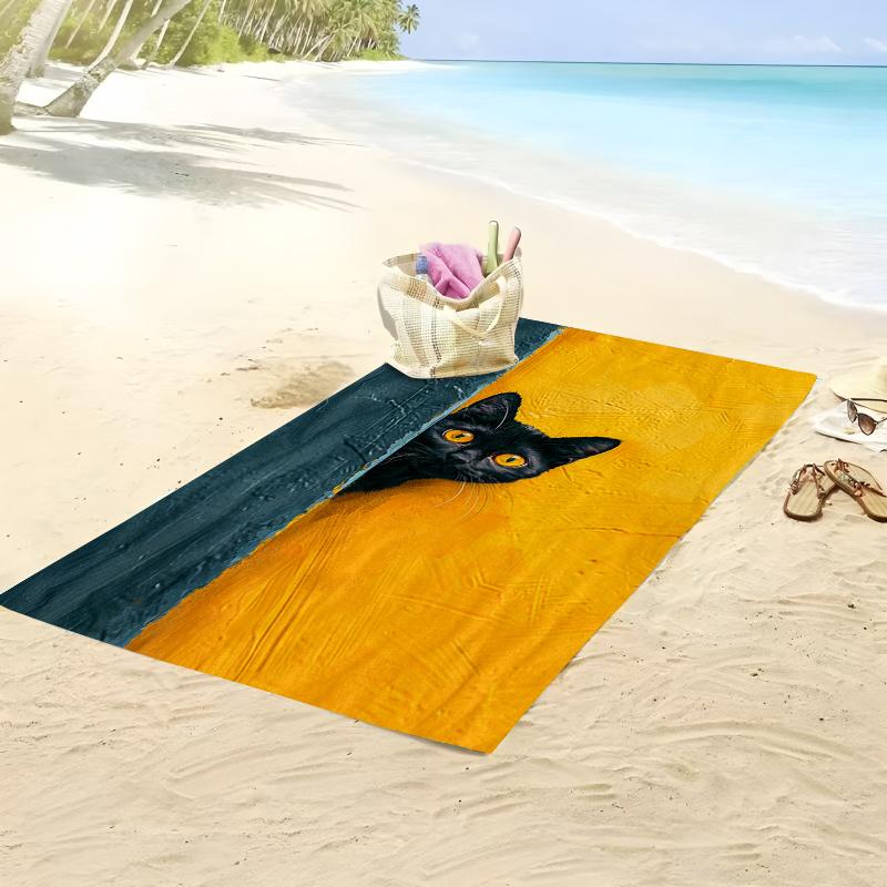 Oil Painting Black Cat Peeking Beach Towel 2D Flat Print Sand Proof Quick Dry Microfiber For Beach Pool Yoga Summer Vacation