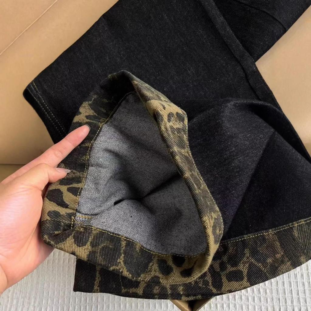 Women's Retro Black Leopard Print Rolled Hem Wide Leg Jeans