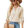 Damen Unifarben V-Ausschnitt Dreiviertelarm Locker Lässig T-Shirt Top