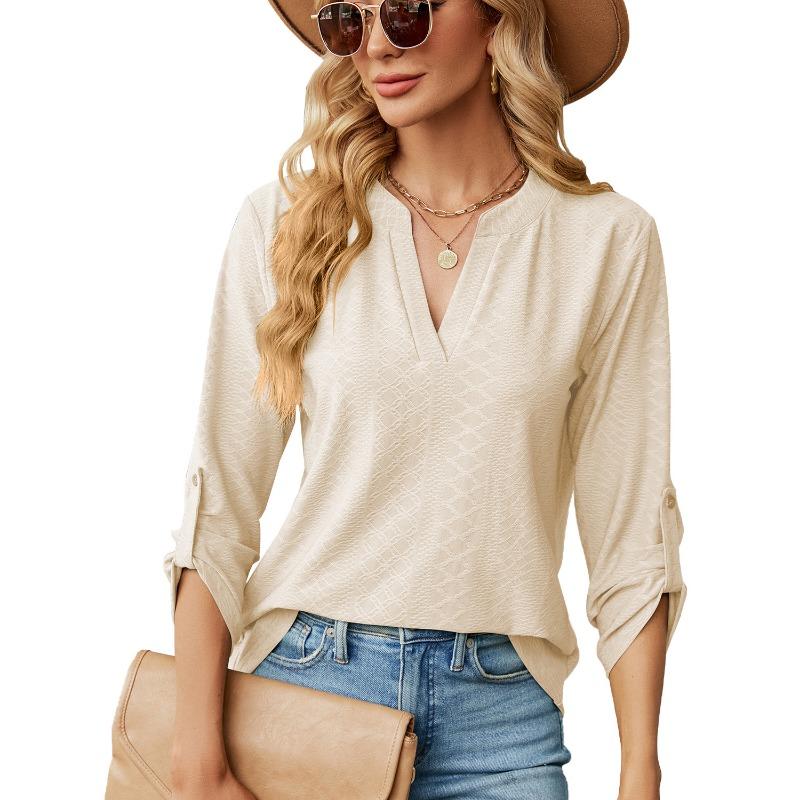 Damen Unifarben V-Ausschnitt Dreiviertelarm Locker Lässig T-Shirt Top