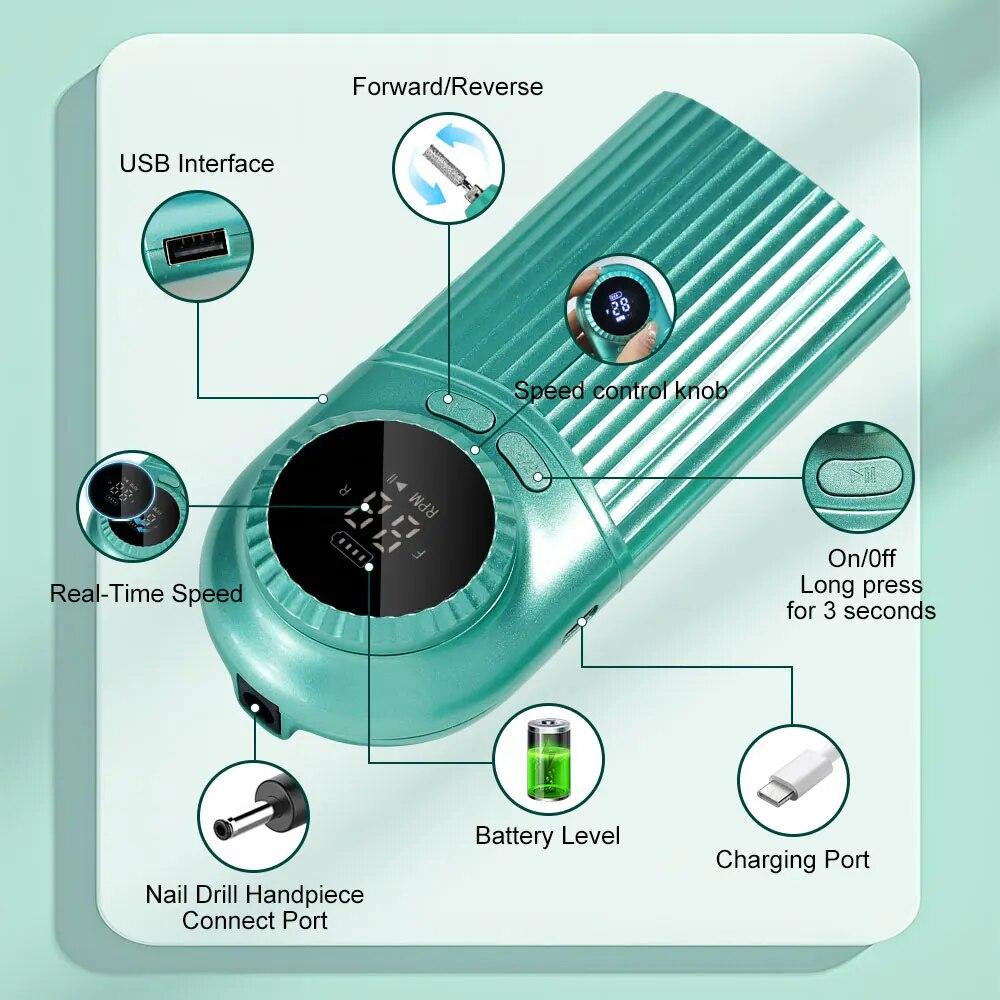 New 45000RPM Electric Portable Nail Drill Machine Rechargeable Low Noise Professional Nail Sander File for Manicure Salon Tool