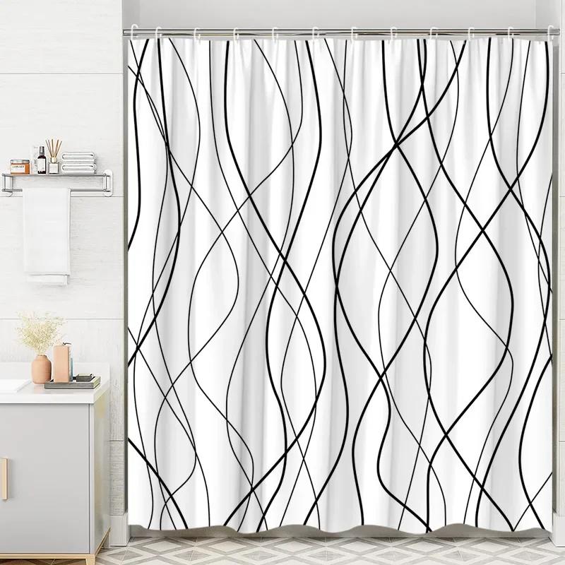 Moderní geometrická sprchová závěs s pruhovanými křivkami Černobílé čtverce Minimalistická neutrální dekorace do koupelny