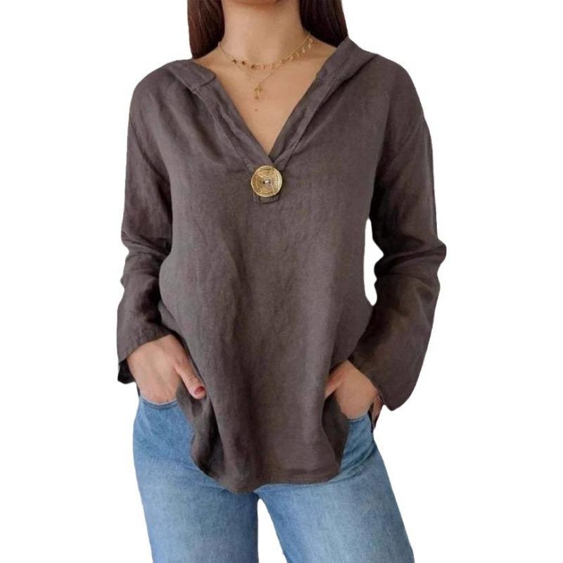 

Женская осенняя хлопковая конопляная футболка с капюшоном и одной пуговицей, однотонная футболка с узором «ласточкин хвост» 5XL коричневый