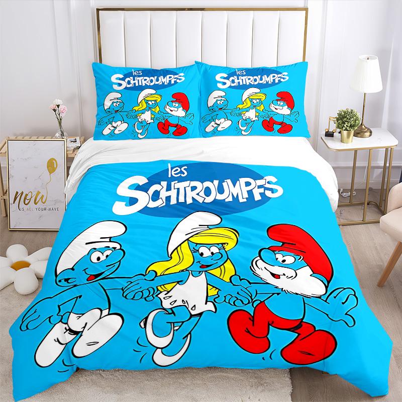 Smurfs' Adventure Print 3Pcs Bedding Setduvet Cover With 2 Bedropillowcase Home Birthday Gift