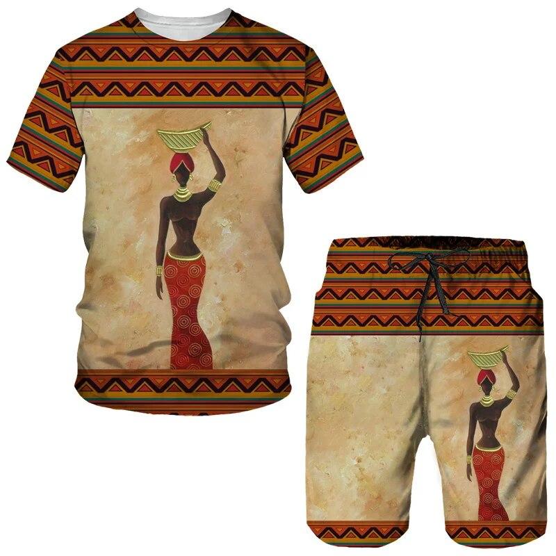 African Girl Graphic Seturi de tricouri pentru bărbați Tricou cu imprimeu 3D în stil etnic Pantaloni scurți Set din două piese Pulover supradimensionat Trening