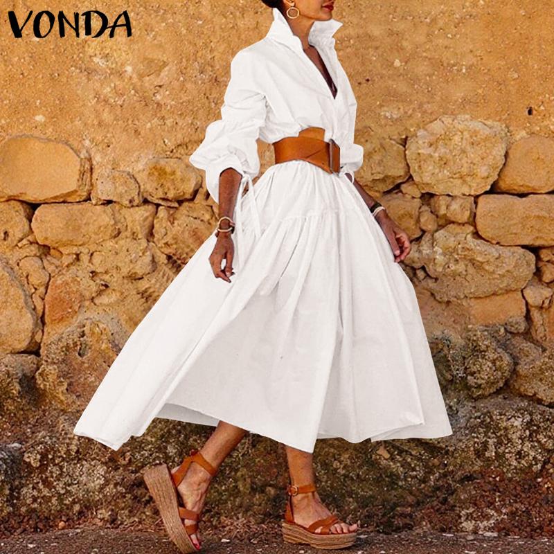 VONDA Elegant Women Lapel Neck Long Sleeve Casual Long Shirts Dress