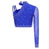 Womens Latin Dance Crop Top Single Long Sleeve Asymmetrical Shoulder Sparkly Rhinestone Top Belly Dancewear