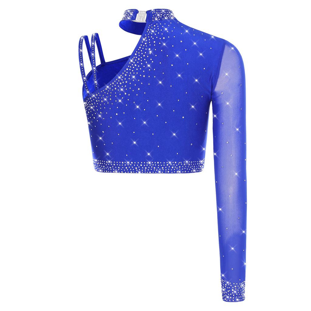 Womens Latin Dance Crop Top Single Long Sleeve Asymmetrical Shoulder Sparkly Rhinestone Top Belly Dancewear