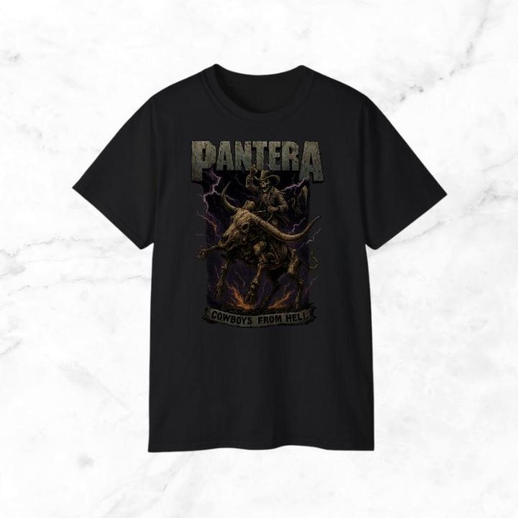 Pantera Vintage Jeździec Byka Bawełniana Czarna Koszulka Unisex dla Dorosłych