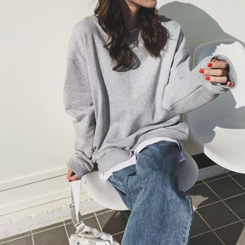 Spring Autumn New Style Loose Crew Neck Pullover Hoodie Women Oversize Unhooded Solid Color Fashion Versatile Base Shirt Top