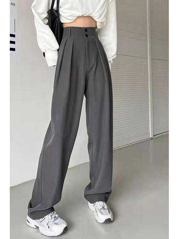 Gray High-Waisted Wide-Leg Pants for Women - Spring Plus Size, Drapey Straight Casual Suit