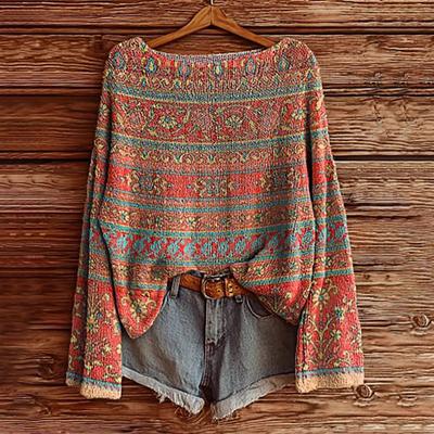 Dames Herfst Trui O-Hals Lange Mouw Vintage Oversized Pullover Trui Etnische Grafische Gebreide Tops Dagelijks Gebruik