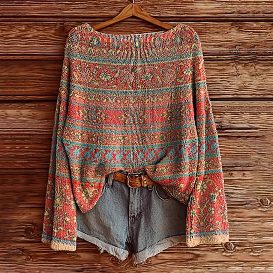 Women Autumn Sweater O-Neck Long Sleeve Vintage Oversized Pullover Sweater Ethnic Graphic Knit Tops Daily Wear
