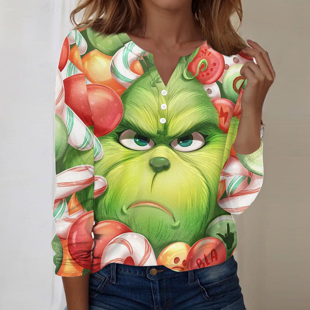 Women's Fashion Casual V-Neck Long Sleeve Decorative Button Christmas Print Top