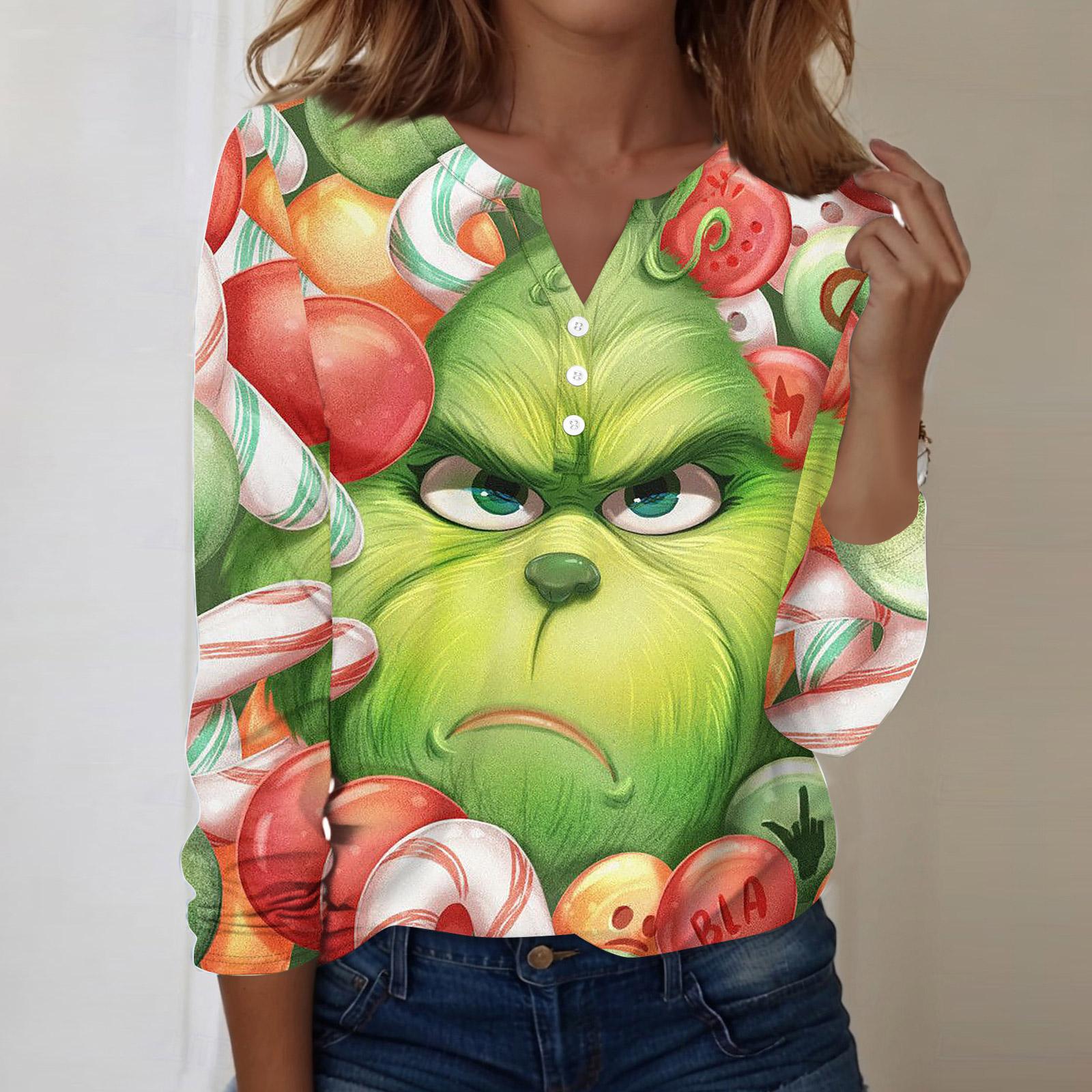 

Женская модная повседневная блузка с V-образным вырезом, длинным рукавом и декоративными пуговицами, с рождественским принтом XL