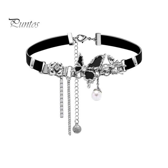 

Женский чокдер с подвеской в виде бабочки, искусственный жемчуг, полая цепочка, декор в стиле панк, темный стиль, клубное ожерелье для вечеринок, искусственная кожа, регулируемое ожерелье чёрный