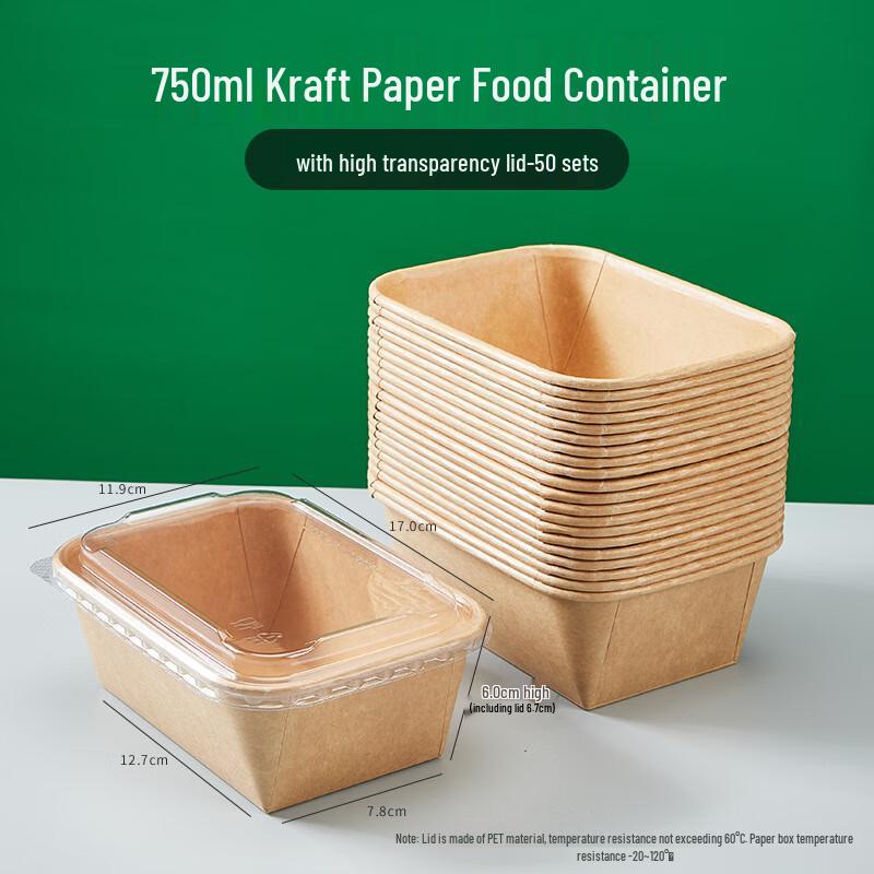 

Changbaosen 750ml Square Kraft Disposable Meal Boxes with Lids (50 Sets)