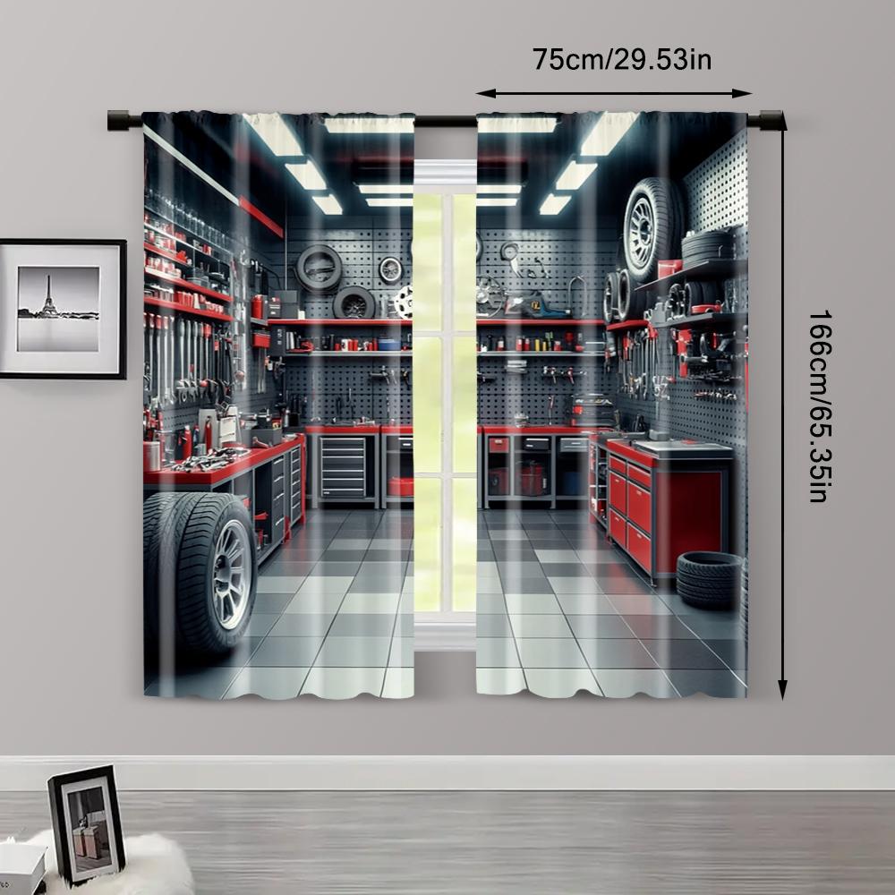 2pcs, Curtains Digital Printed Garage Tools Workshop Versatile 100% Polyester (without rod) Holiday Ldeal for Living Room and