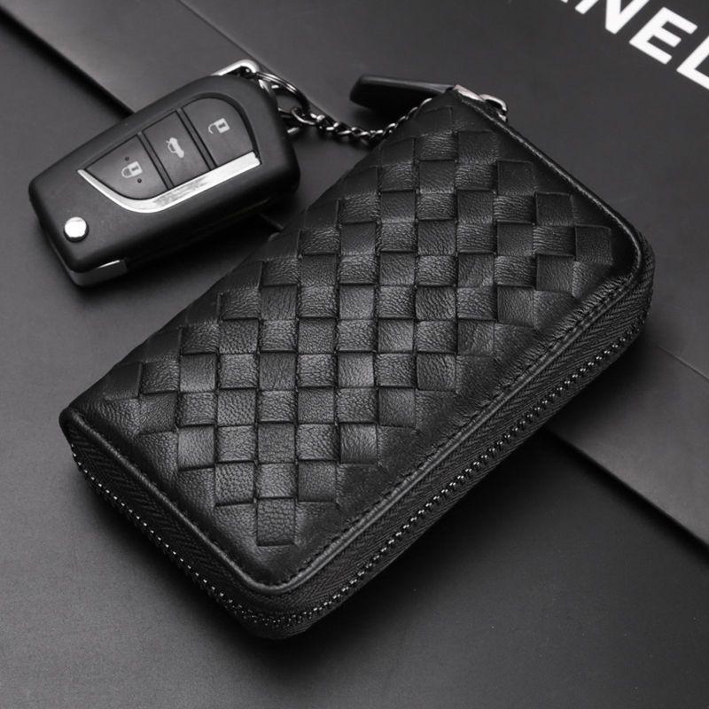 Men's Knitted Leather Car Key Pouch - Large Capacity Zipper Key Holder with Portable Keychain