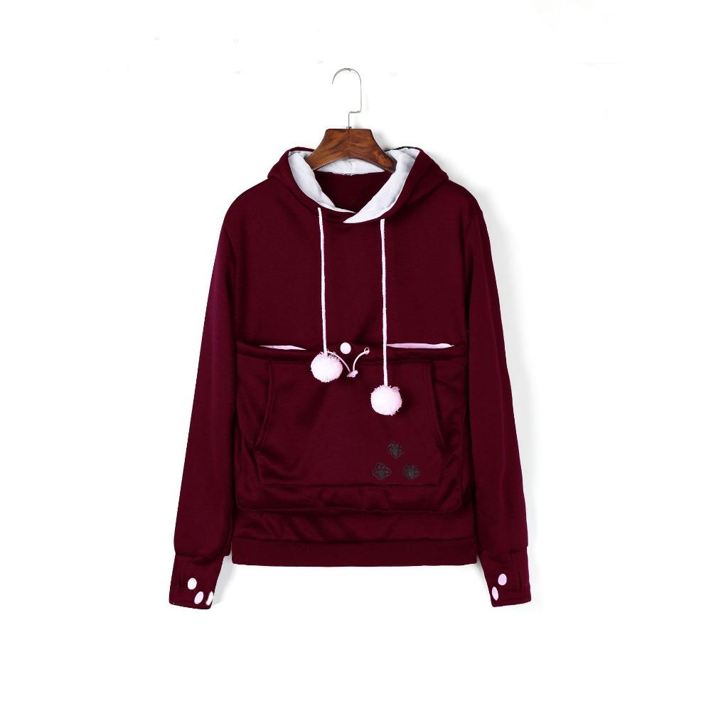 Women'S Autumn Winter Fleece Hoodie Korean Chic Streetwear Large Pocket Pet Holder Sweatshirt Warm Solid
