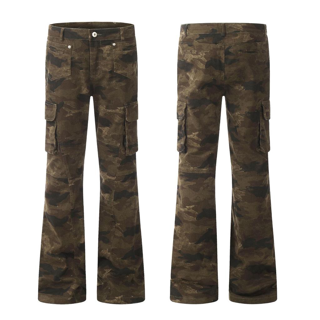 Ladies' American Vintage Camouflage Micro Flared Work Pants, Retro Trendy Brand Slim Fit Camouflage Work Pants