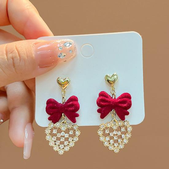 Yousheng 1 Pair Women Earrings All-match Anti-fade Ear Decoration Festive Touch Red Bow Dangle Flower Heart Earrings for Everyday Wear