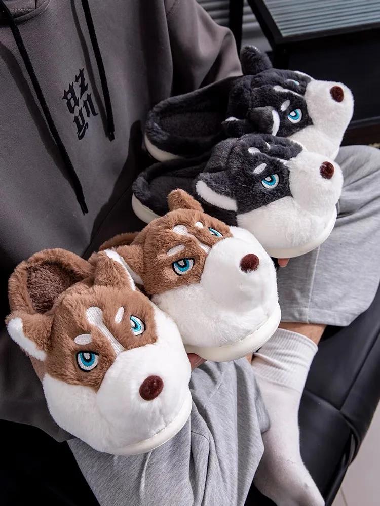 Fashion Women Indoor Cotton Slippers Cute Cartoon Dog Winter Warm Shoes Couples Home Floor Slides Anti-slip  Female Male House Footwear