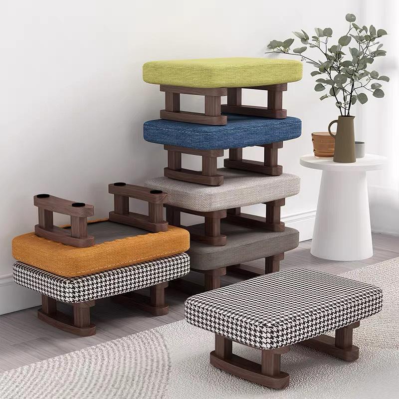 Solid Wood Fabric Footstool - Rectangular Low Stool for Living Room & Shoe Area