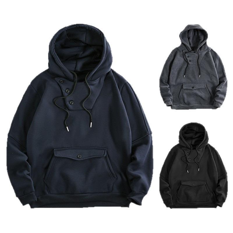 Men S Button Design Hooded Pullover Sweatshirt Solid Color Slim Fit Big Pocket