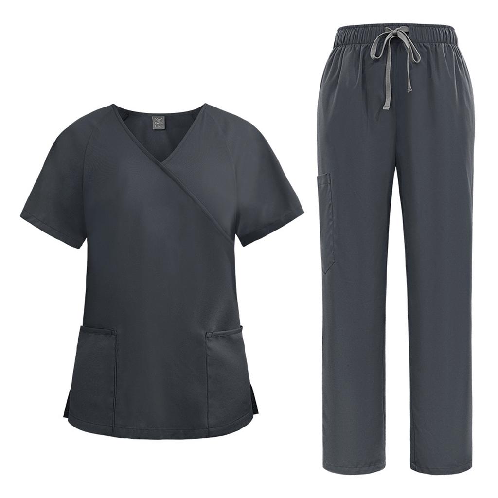 Women's Loose And Comfortable V-neck Short Sleeved Workwear With Tie Up Top And Waist Cinching Beauty Suit Set