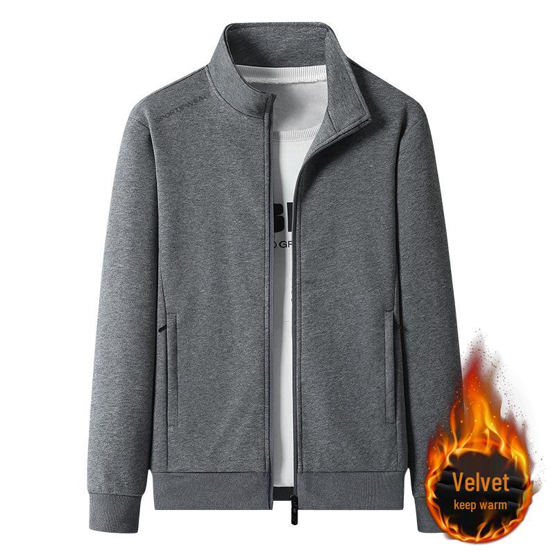 Men's Plus Size Velvet-Lined Cotton Hoodie Jacket: 2026 Autumn/Winter Fashion, Simple Sporty Style with Stand Collar