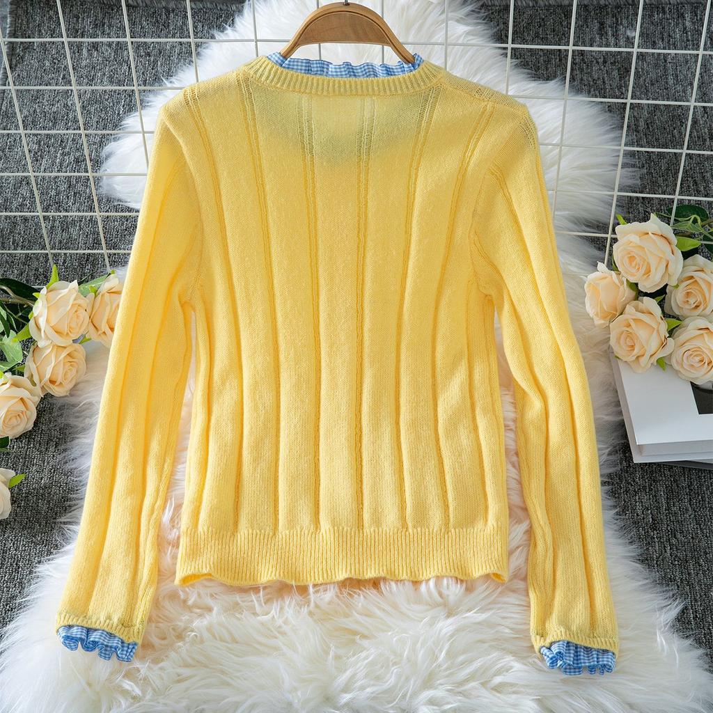 Sweater Knitted Cardigan for Women in Autumn Ruffle Splicing Slim Short Top with Sweater Cardigan