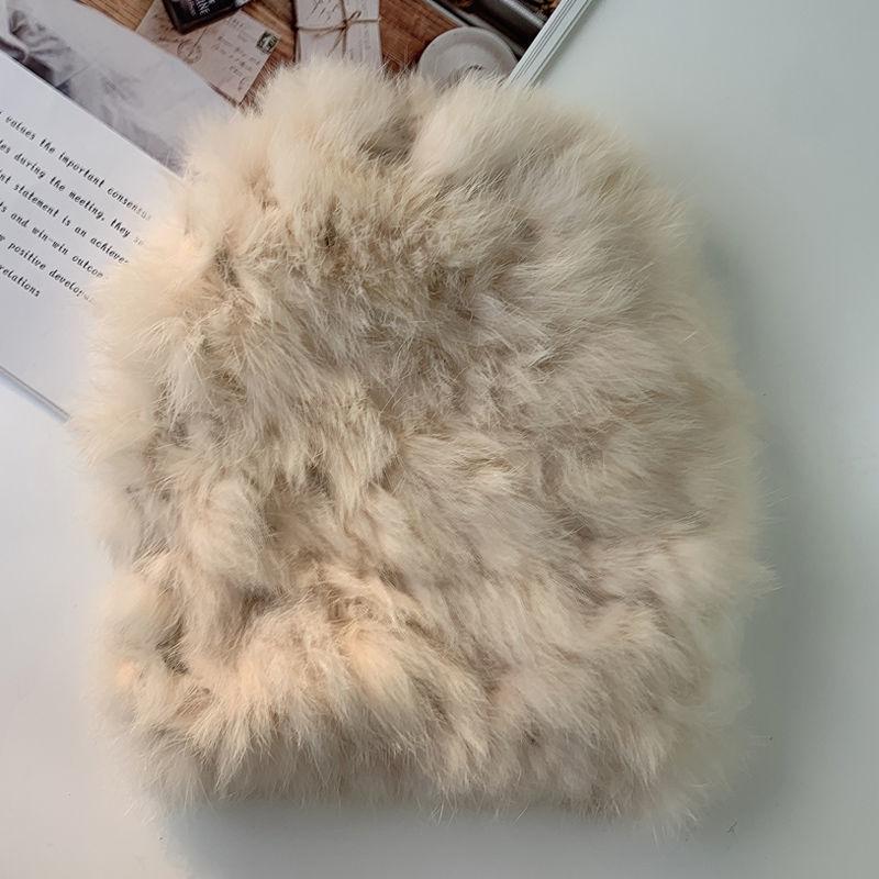 

Winter thickened warm real rabbit plush fur integrated woven hat women s cold-proof versatile knitted bag head basin hat one size fits all