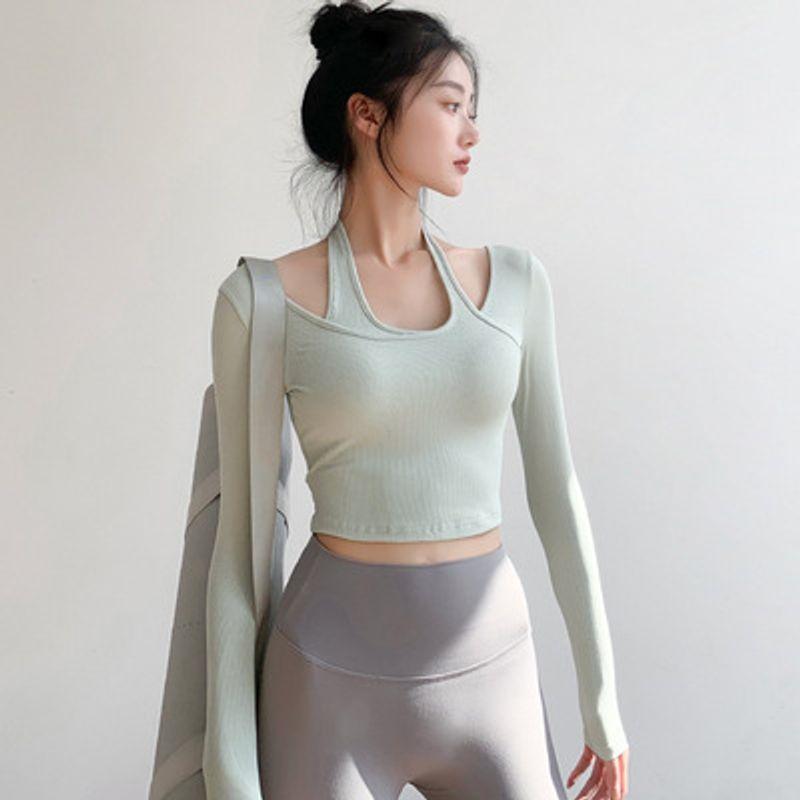 

Hollow off-Shoulder Quick-Dry Fitness Training Long Sleeve Yoga Mint Milk Green(Quality Edition) L