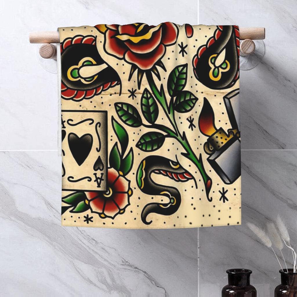 Asciugamano Viso Morbido Tatuaggio Americano Tradizionale Flash Pattern Asciugatura Rapida Piscina Bagno Asciugamani in Cotone Assorbente