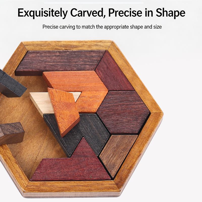 Hexagon Tangram Puzzle Wooden Jigsaw 7 Pieces for Children and Adults Challenging Brain Training Logic Toy Home Play