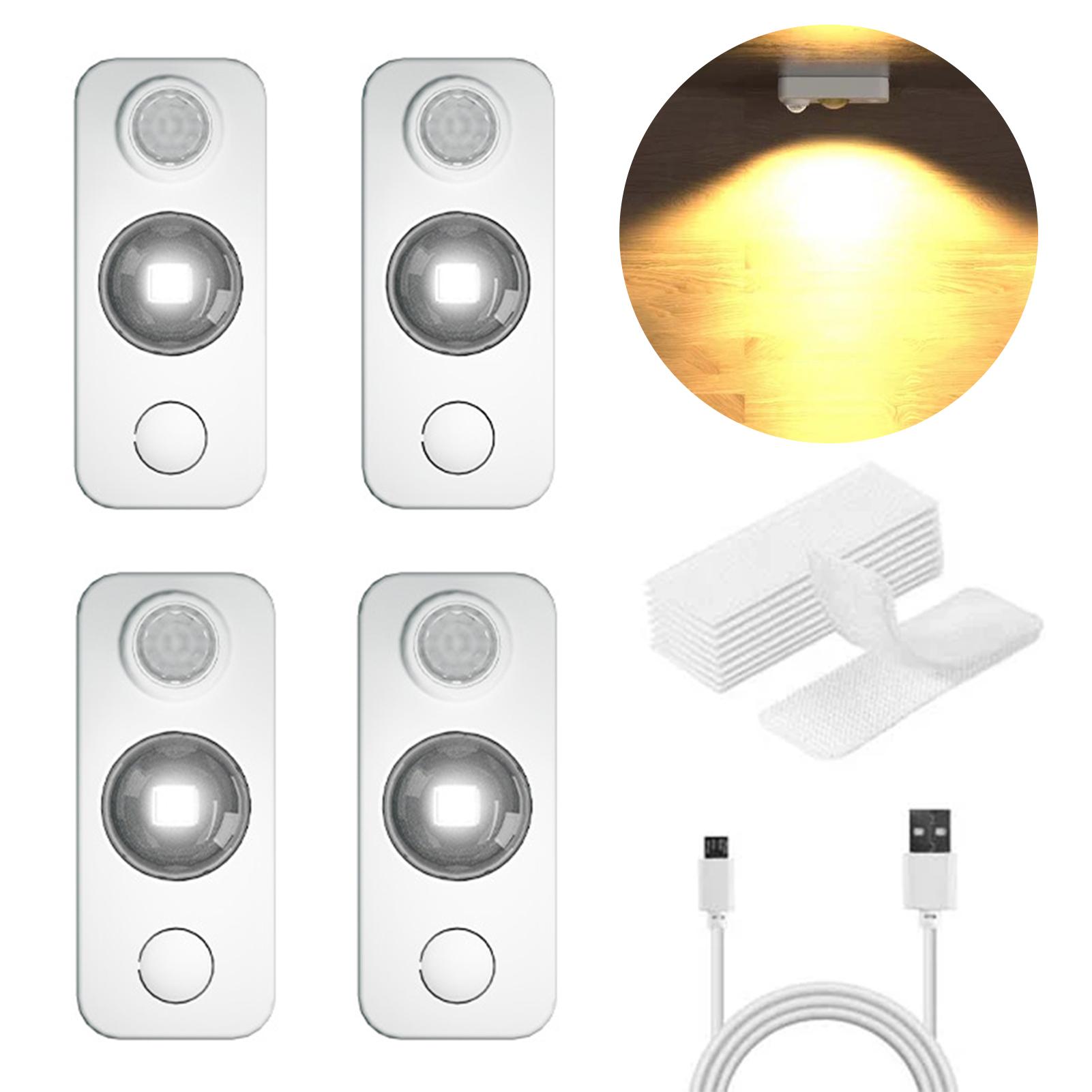 

4 шт. светодиодных прожектора с датчиком движения для шкафа, USB-перезаряжаемый ночник, многоцелевые датчики движения для шкафа в спальне теплый белый